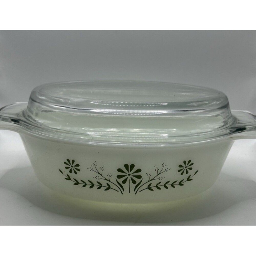 Vintage Glass Casserole Oven Proof Made in USA Green Floral Design with Lid